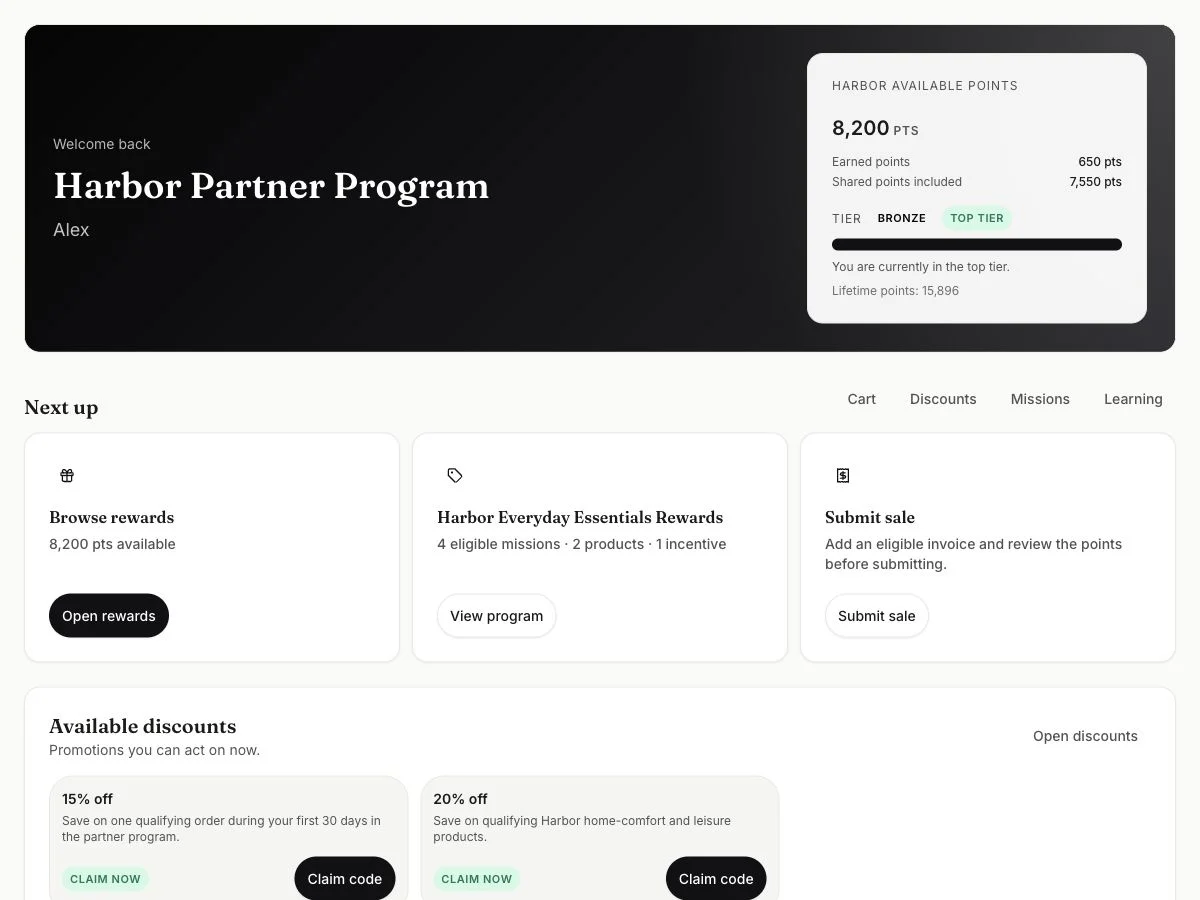 Incenify partner dashboard showing a synthetic Harbor partner program, available points, next actions, and discount offers.